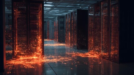 Server Room with Orange Firewall Holograph