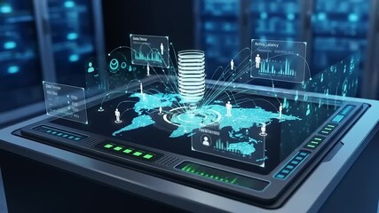 Futuristic data visualization on a touchscreen table showcasing global connectivity and analytics - Powered by Adobe