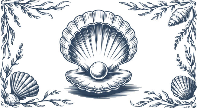 Vintage illustration of an open seashell with a pearl inside surrounded by decorative branches and shells