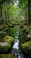 Obraz premium Serene Japanese garden pond. Lush greenery surrounds a tranquil waterway reflected in still water. Rocks covered with moss line the edges