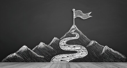 Chalk drawing of a winding path leading to a mountain peak with a flag, symbolizing achievement