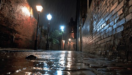 Fototapeta premium Rain-soaked alleyway at night