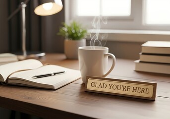 Cozy workspace with books, coffee mug, and warm lighting for inspiration and relaxation