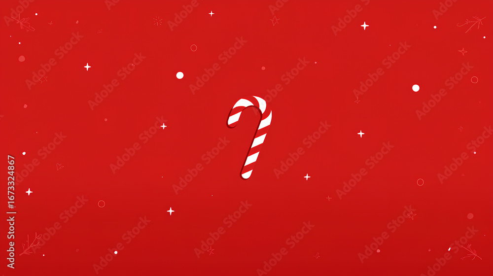 Poster simple red flat background with one candy cane icon and tiny stars on edges