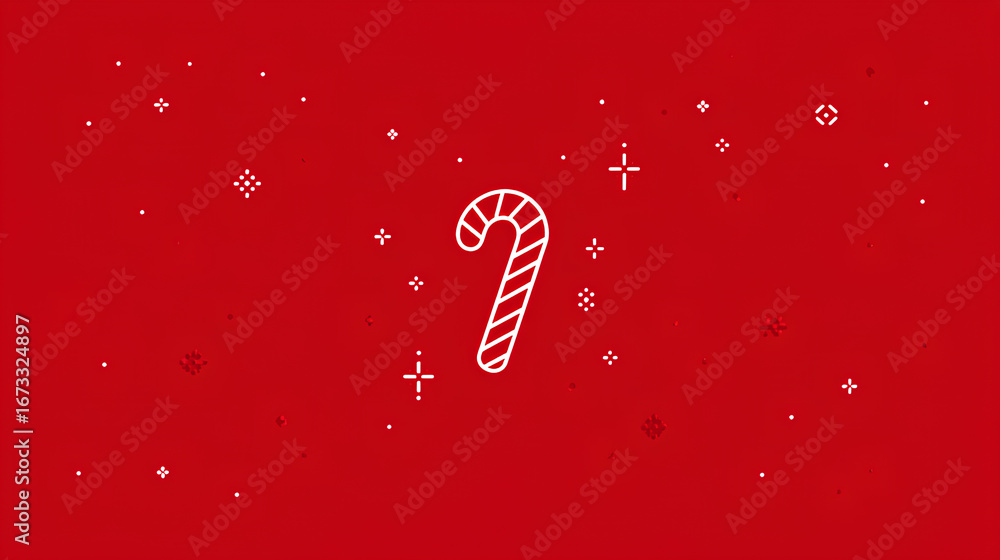 Poster simple red flat background with one candy cane icon and tiny stars on edges