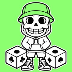 Happy Skeleton Mascot in Hoodie and Bucket Hat with Dice; Cartoon Style, Fun, Gambling Theme