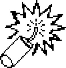 Fototapeta premium Pixel art explosion with dynamite fuse retro black and white icon represents danger, warning, hazardous or explosive action