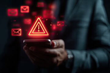 Businessman holds phone; warning signs overlay