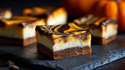 A jack-o&rsquo;-lantern cheesecake bars with swirl topping, moody setup