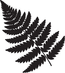 A black fern leaf silhouette with serrated leaflets arranged symmetrically along a central stem, showcasing bold botanical form and natural elegance