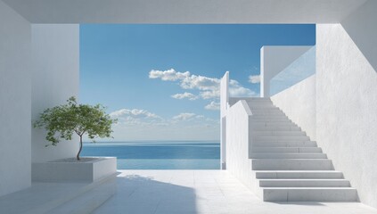Whitewashed, open-air patio with stairs, ocean view, lush tree