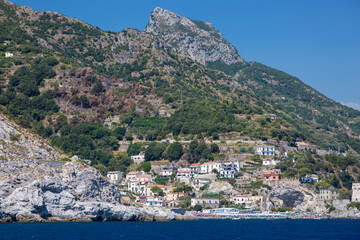 View from a ship on the coast of the Tyrrhenian Sea near the city of Salerno in Italy