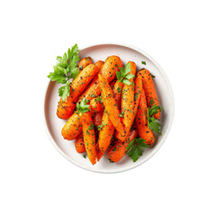 Roasted Baby Carrots with Parsley Garnish on White Plate - Overhead View