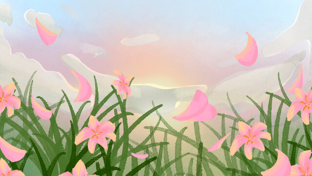 Pink Flowers and Petals at Sunrise Illustration