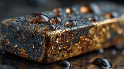 Gold Rectangular Object with Water Droplets on Dark Reflective Surface 