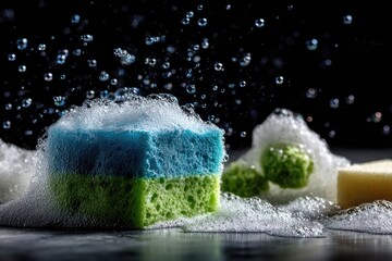 Colorful sponges submerged in suds, water droplets and bubbles
