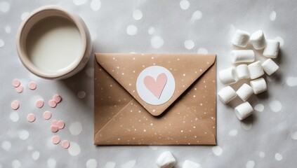 A light beige envelope with a pink heart sticker, next to a cup of milk and marshmallows on a light gray background