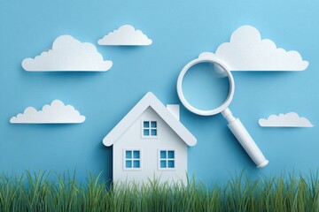 White house, magnifying glass, clouds, light blue background, grass