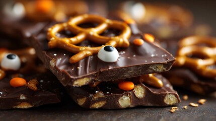 An orange chocolate bark topped with candy eyes and pretzel shards