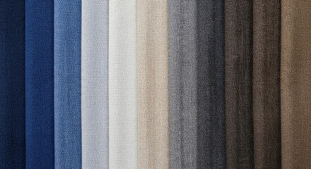 Swatches of various colored fabrics, creating a full-frame color palette from blue to grey and brown, showing texture and tone variation
