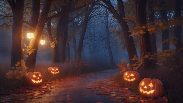 Enchanted Forest Path with Lit Lanterns and Jack-o'- Lanterns.