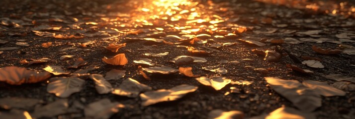 Obraz premium Autumn Leaves Ground Sunlight Golden Brown Nature Path fall view soil warm glow rays mood image