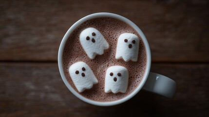 A soft moody photo of hot cocoa with ghost marshmallows, copy space