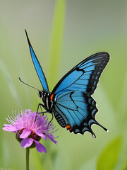 Farfalla colorata vola con le ali aperte su sfondo bianco..