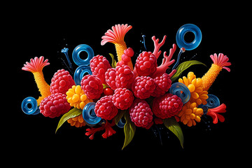 A vibrant and chaotic explosion of red, coral-like raspberry structures, sharp yellow crystal shards, and floating blue rings.