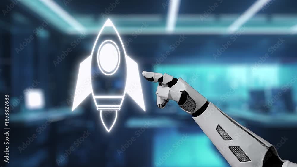 Aufkleber a robotic hand reaching out to a digital launch icon symbolizes innovation and technological advance