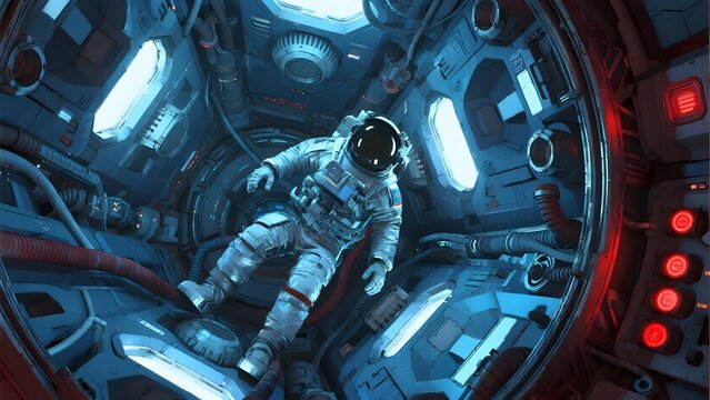 Astronaut in a futuristic space station interior, surrounded by advanced technology and illuminated panels.
