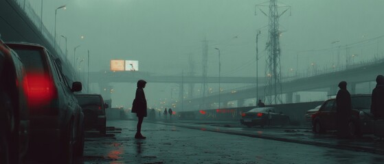Desolate city street under fog, capturing solitude.