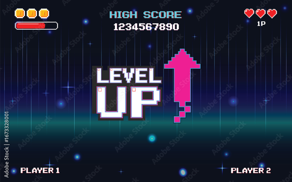 Poster level up icon pixel art. 8 bit game. retro game. retro futurism sci-fi background. glowing neon grid
