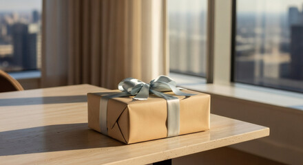 A sophisticated gift package with a delicate silver bow, resting on a polished table in a modern setting, framed by a breathtaking panoramic city skyline view bathed in natural light.