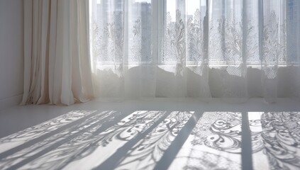 Sunlight filters through sheer curtains, casting intricate shadows on the floor