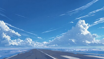 A road stretches into a vast, painted sky