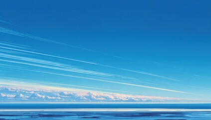 Wide shot of a clear sky above a vast expanse of water
