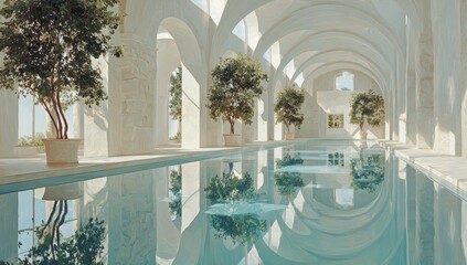 Tranquil indoor pool with arches and trees