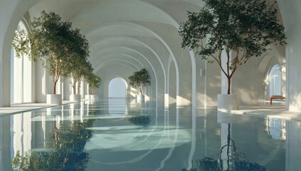Tranquil indoor pool area with arched walkways and trees