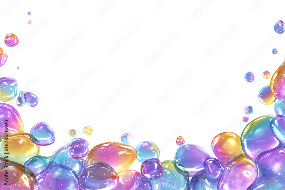 Poster iridescent bubbles floating on white background forming a frame