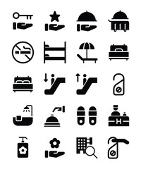 Hotel service glyph icons representing hospitality and accommodation
