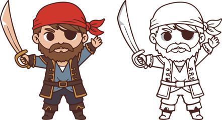 Cute kawaii pirates poses for Talk Like a Pirate Day illustration