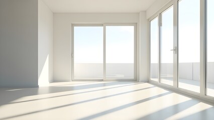 Obraz premium Empty modern apartment interior with large glass windows bright sunlight and minimalist contemporary architecture design