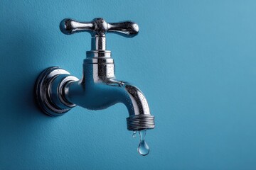 Chrome faucet dripping water on a bright blue background
