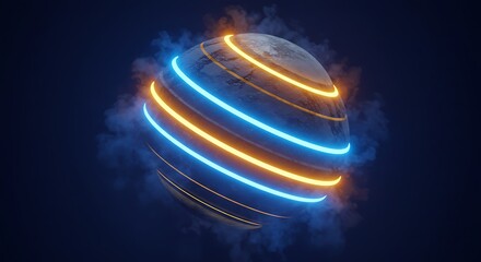 Abstract planet with glowing blue and orange lines surrounded by smoke on dark background