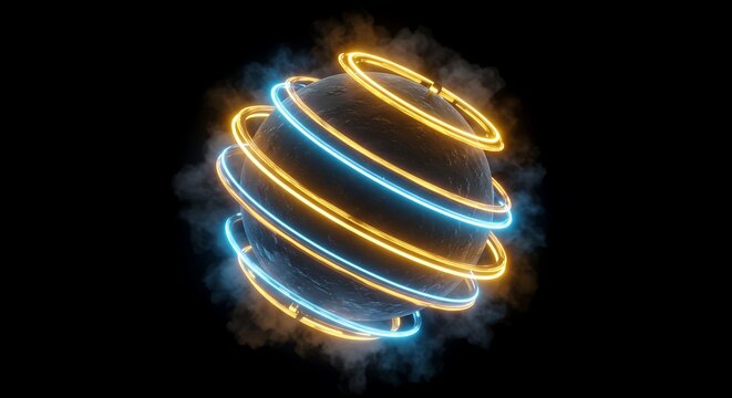 Abstract planet with glowing rings in neon blue and orange colors on black background