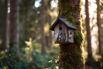 Rustic birdhouse on mossy tree in sun dappled forest