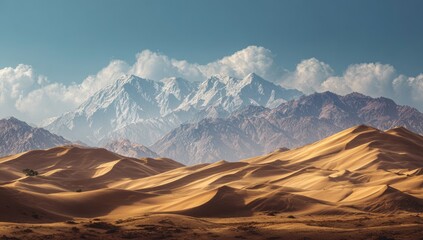 Vast desert landscape meets snow-capped mountains under a clear sky