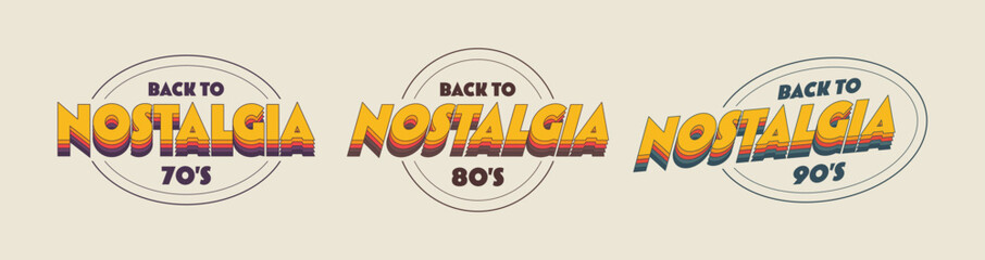 Collection of vintage retro label inspired by 1970s, 1980s and 1990s aesthetics. Inscription Nostalgia with bold colourful typography. Can be use for posters, branding, printing and logo