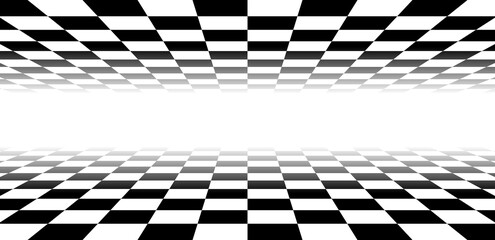 Naklejka premium Perspective black and white checkered room that fades into white background. Surface with checkerboard pattern. Ideal for retro, racing or digital themes. Vector illustration 